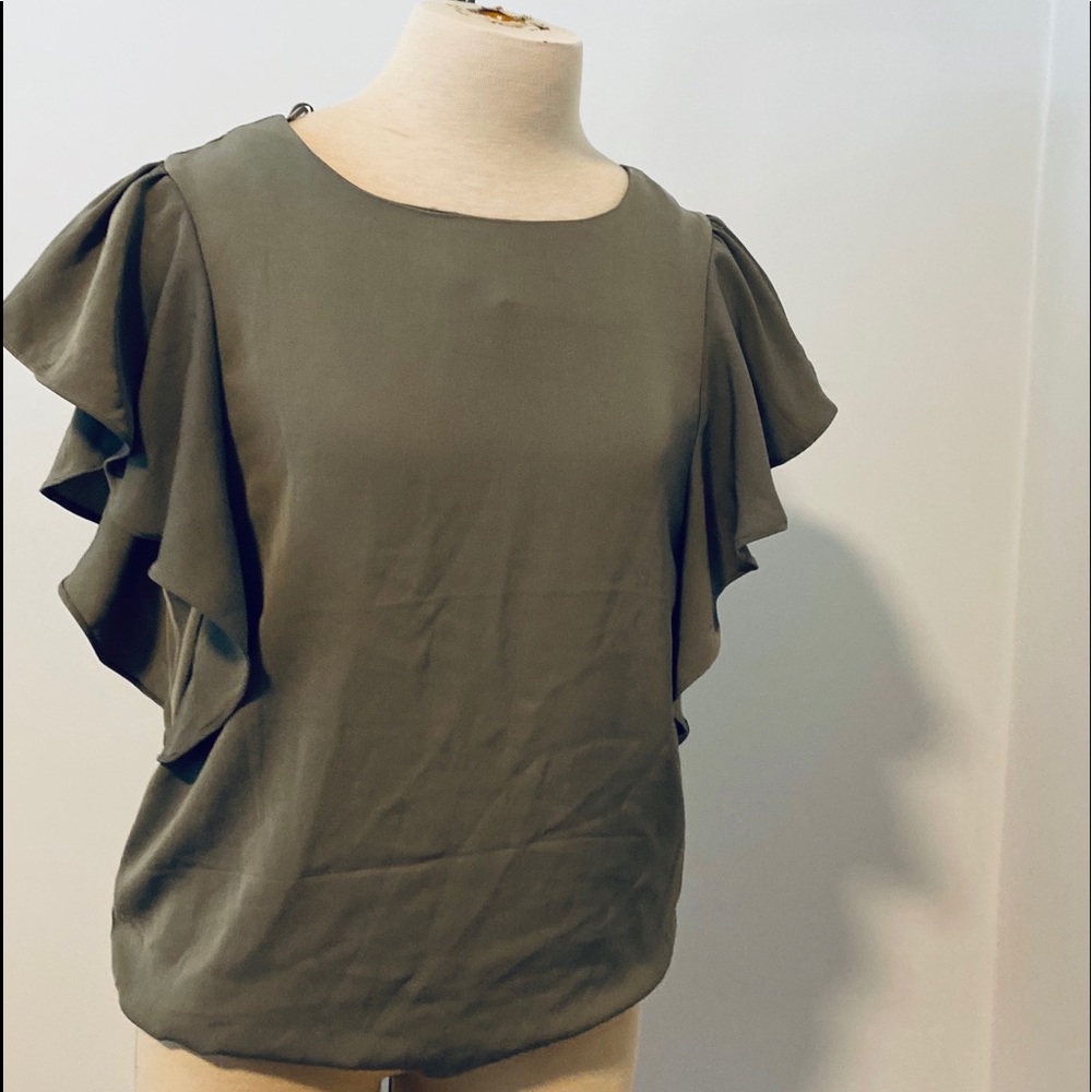 Ruffled Sleeve Army Green Blouse